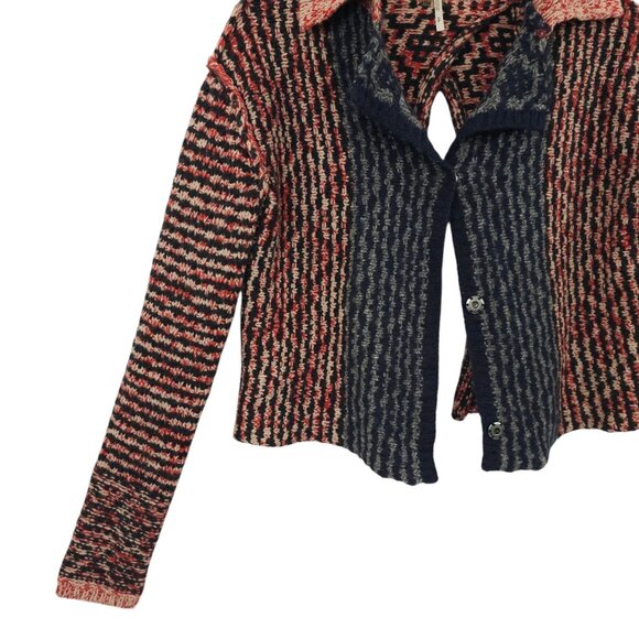Free People Open Back Sweater Womens S Striped Snap Front Wool Blend Red Black - Picture 11 of 16